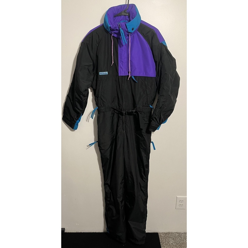 Vintage Columbia Snowsuit Womens Large Black Purple One Piece Hooded Ski 90s‎